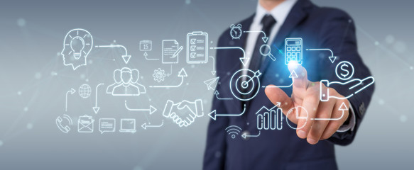 Businessman using thin line icon project plan presentation