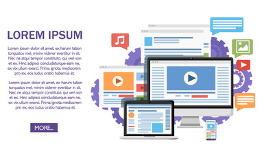 Website development concept. Laptop, monoblock, smartphone compatibility. Flat design style. Vector illustration on white background with gears. Website page and mobile app design