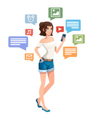Beautiful girl stand with smartphone. Cartoon character design. Female with white top and blue shorts. Mobile app and sms. Flat vector illustration isolated on white background