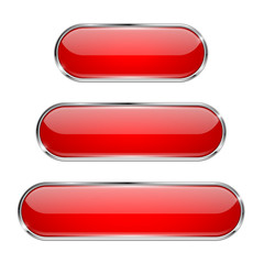 Red glass 3d buttons with chrome frame. Oval icons