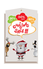New Year and Christmas sale tag with Santa Claus,reindeer and snowman.Printable holiday special offer 50%,40%,30% coupon.