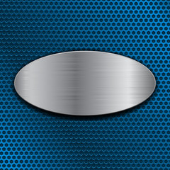 Fototapeta na wymiar Brushed metal oval plate on blue perforated background