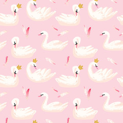 Fototapeta premium Beautiful Seamless Pattern with white Swans and pink Feathers, use for Baby Background, Textile Prints, Covers, Wallpaper, Posters. Vector Illustration