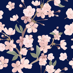 Fototapeta premium Floral retro seamless pattern, cherry or sakura flowers background, pastel vintage illustration in vector