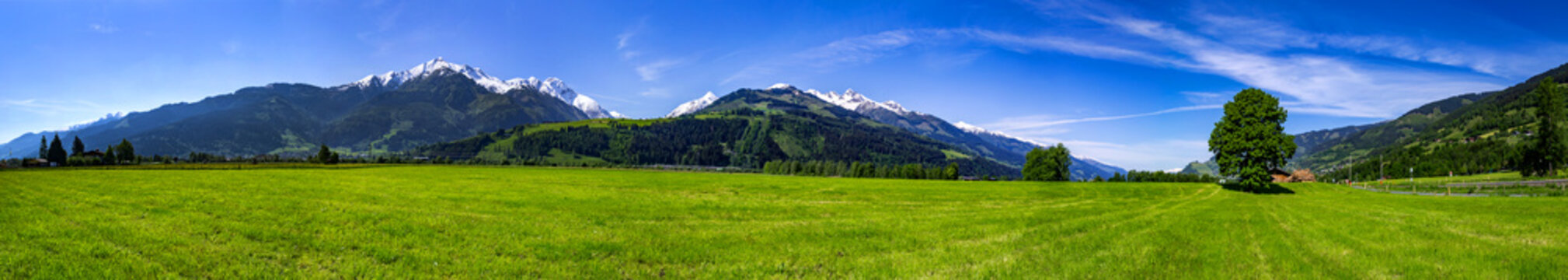 eine Panorama mit Bergen, Wald und Wiese in &Ouml;sterreich