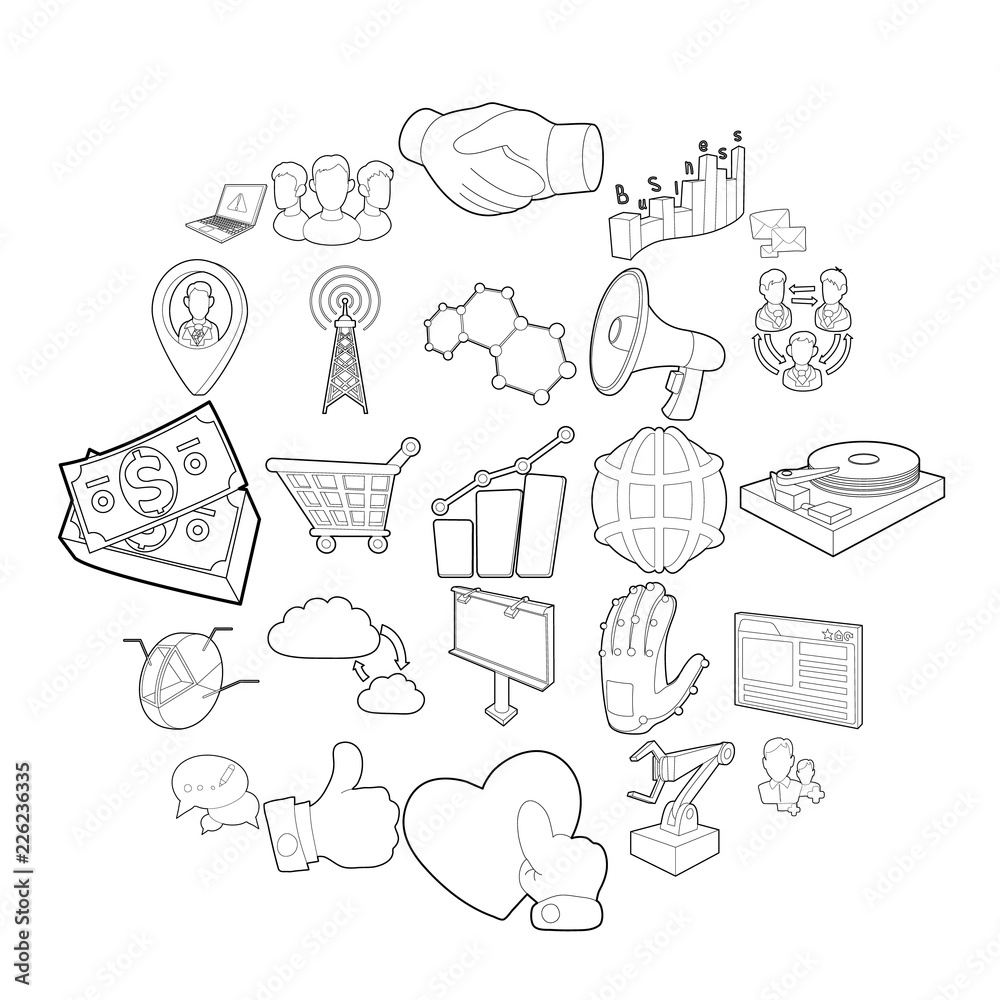 Poster field of activity icons set. outline set of 25 field of activity vector icons for web isolated on wh