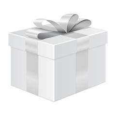 Gift box with silver ribbon. Package mockup