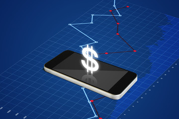 Making money on mobile phone, digital currency and electronic online banking concept. Mobile smart phone with currency sign and raising graph background