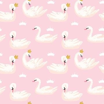 Beautiful Seamless Pattern with white Swans and Crowns, use for Baby Background, Textile Prints, Covers, Wallpaper, Posters. Vector Illustration