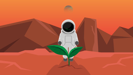 Astronaut have found a young plant on Mars, Vector Illustration Art. © gibustudio