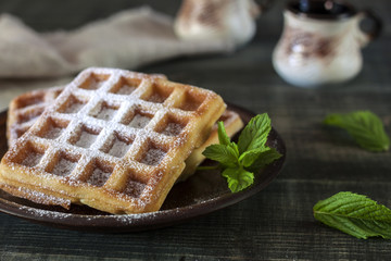 Viennese, Belgian waffles with honey on a white plate.