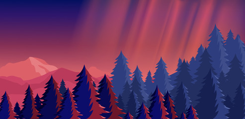 Vector illustration of bright night sky mountain landscape with northern lights in pink and blue colors. Mountaineering concept, traveling, exploring the world.