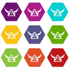 Viking helmet icons 9 set coloful isolated on white for web