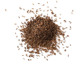 Pile of cumin seeds isolated on white background, top view