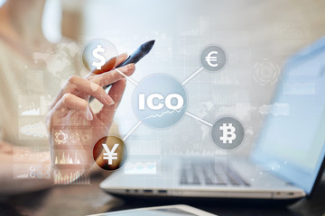 ICO, Initial Coin Offering. Digital electronic binary money financial concept. Bitcoin currency exchange on virtual screen interface.