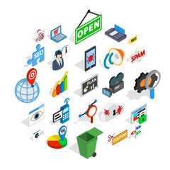 SEO icons set. Isometric set of 25 SEO vector icons for web isolated on white background