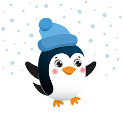 Funny cartoon penguin with blue Santa's hat