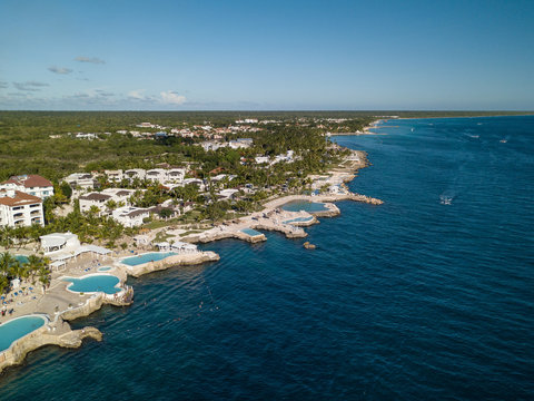Bayahibe coastline of Caribbean sea shot from drone