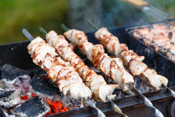 Barbecue chicken or meat fried on the grill on the coals