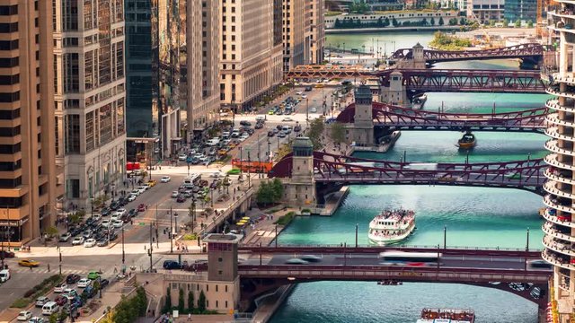 Time-lapse of the Chicago River with traffic and boats