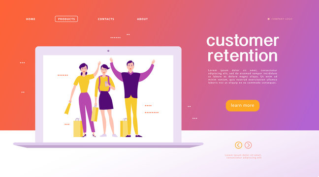 Vector web page concept design - customer retention theme. Buying happy people with sale bag on big laptop screen. Landing page, mobile app, site template. Business illustration. Inbound marketing.