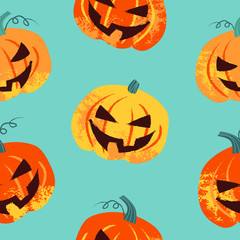 Halloween seamless pattern with textured pumpkin in pastel colors. Hand drawn colorful vector illustration. Craft stamp style. Halloween background for decoration.