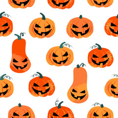 Seamless pattern with orange halloween pumpkins in stamp style. Vector illustration for scrapbook, paper, textile print, posters. Halloween background for decoration.