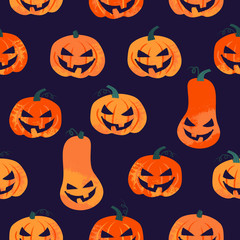 Seamless pattern with orange halloween pumpkins in stamp style. Vector illustration for scrapbook, paper, textile print, posters. Halloween background for decoration.