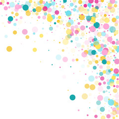 Memphis round confetti festive background in cyan blue, pink and yellow. Childish pattern vector.