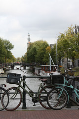 Bicycles on an Amsterdam bridge.