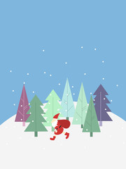 Happy New Year Card With Elves, Santa Carrying Gift Bag Over Winter Night Christmas Holiday Presents Concept Vector Illustration.