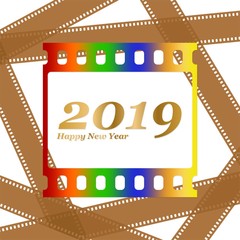 Fototapeta premium New year greetings for 2019 with colorful blank film and photographic window with golden inscription Happy new year and number 2019 on a background of brown film strips