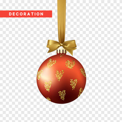 Xmas balls red and gold color. Christmas bauble decoration elements. Object isolated a background with transparency effect