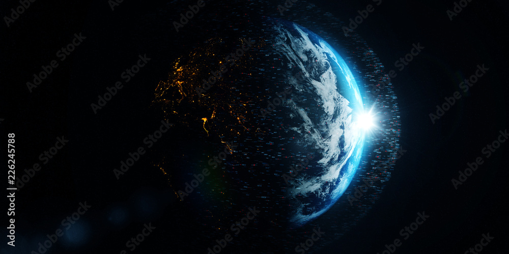 Poster global international connectivity background/connection lines around earth globe, block chain networ