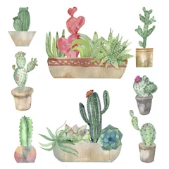 Foto op Plexiglas Cactus in pot Aquarel banner van cactussen in potten en sappige planten geïsoleerd op een witte achtergrond.