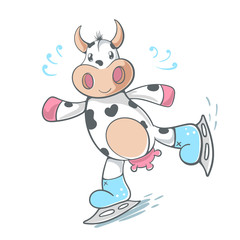 Cow, cute - ice scate illustration.
