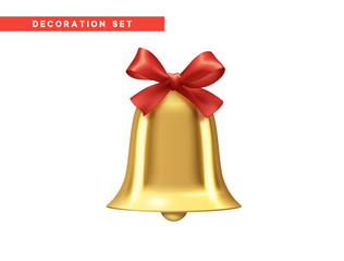 Traditional holiday decoration element, golden bell with red bow. Object realistic isolated on white background