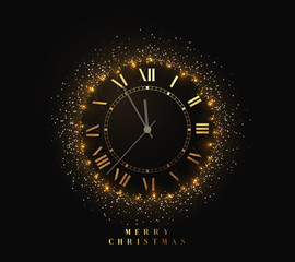 Obraz na płótnie Canvas New Year shiny gold watch, five minutes to midnight. Merry Christmas. Xmas holiday. Glowing background with bright lights and white sparkles. Design vector illustration