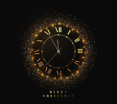 New Year shiny gold watch, five minutes to midnight. Merry Christmas. Xmas holiday. Glowing background with bright lights and white sparkles. Design vector illustration