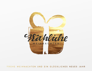 German text Frohliche Weihnachten. Gold Christmas greeting card, Golden Xmas surprise gift box.