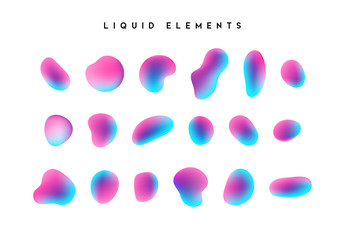 Gradient iridescent shapes. Set isolated liquid elements of holographic chameleon design palette of shimmering colors. Modern abstract pattern, bright colorful paint splash fluid.