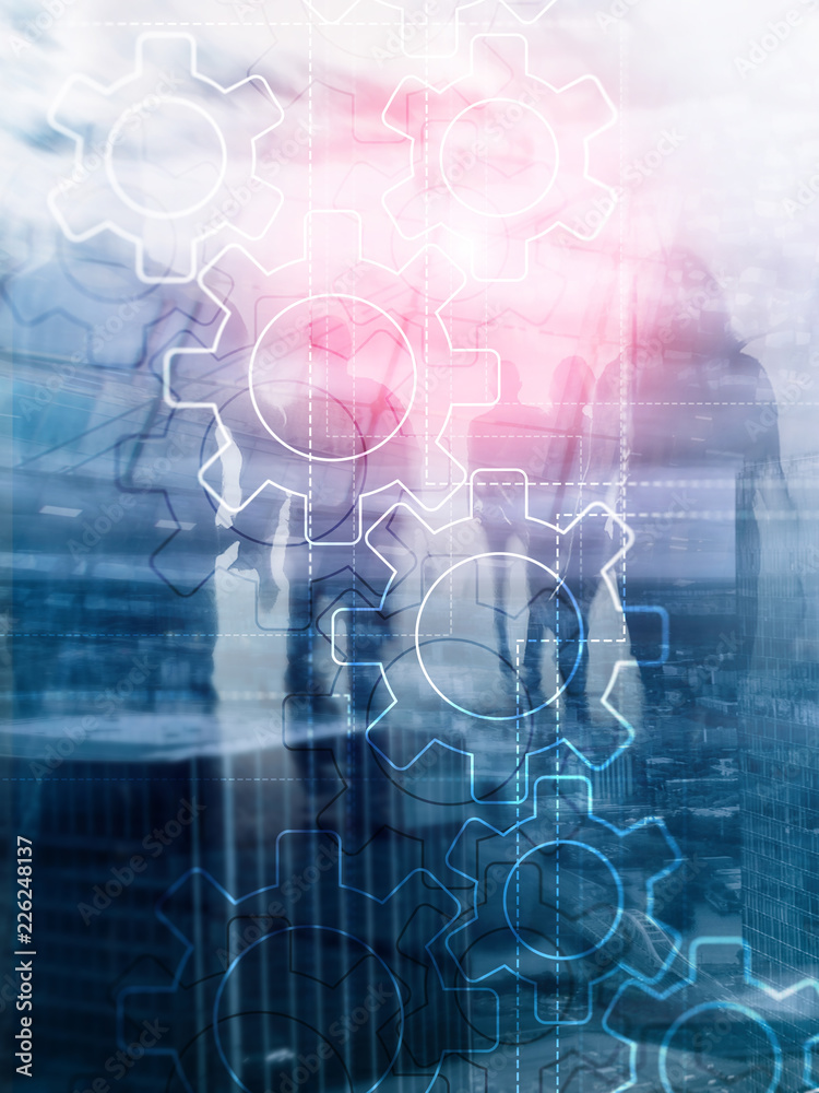 Wall mural double exposure gears mechanism on blurred background. business and industrial process automation co
