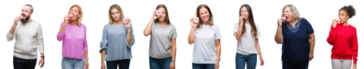 Collage of group of people eating donut over isolated background with a confident expression on smart face thinking serious