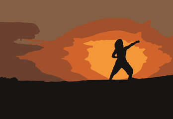 karate man silhouette and sunset