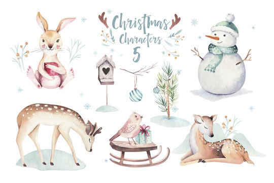 Watercolor Merry Christmas illustration with snowman, holiday cute animals deer, rabbit. Christmas celebration cards. Winter new year design.