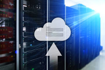 Cloud storage, data access, login and password request window on server room background. Internet...