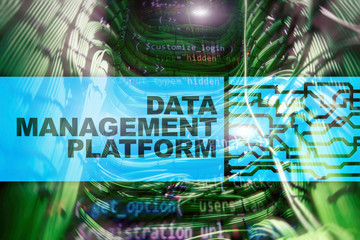 Data management and analysis platform concept on server room background.