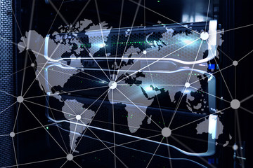 Fototapeta na wymiar World map with communication network on server room background.