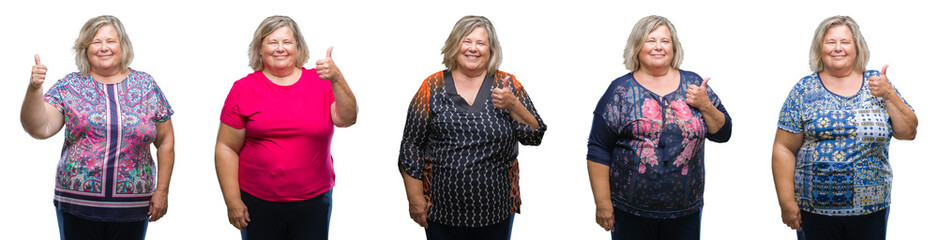 Collage of senior fat woman over isolated background doing happy thumbs up gesture with hand....
