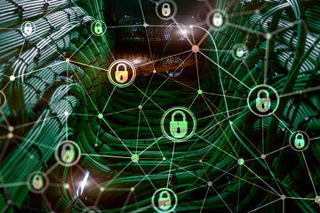 Cyber security, information privacy, data protection concept on modern server room background. Internet and digital technology concept.